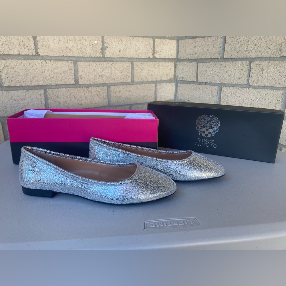 Vince Camuto Silver Metallic Leather Ballerina Flats Minndy Silver Nelly Goat